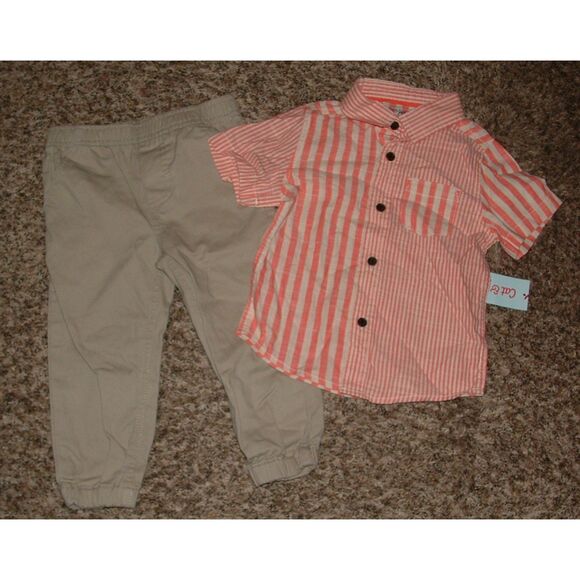 NEW Boys Sz 2 Toddler Striped Button Up Shirt & Tan Pants 2 Pc Outfit CAT & JACK - Picture 1 of 1